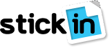 Logotipo da empresa Stickin, com figurinha azul atrás das letras 'in'